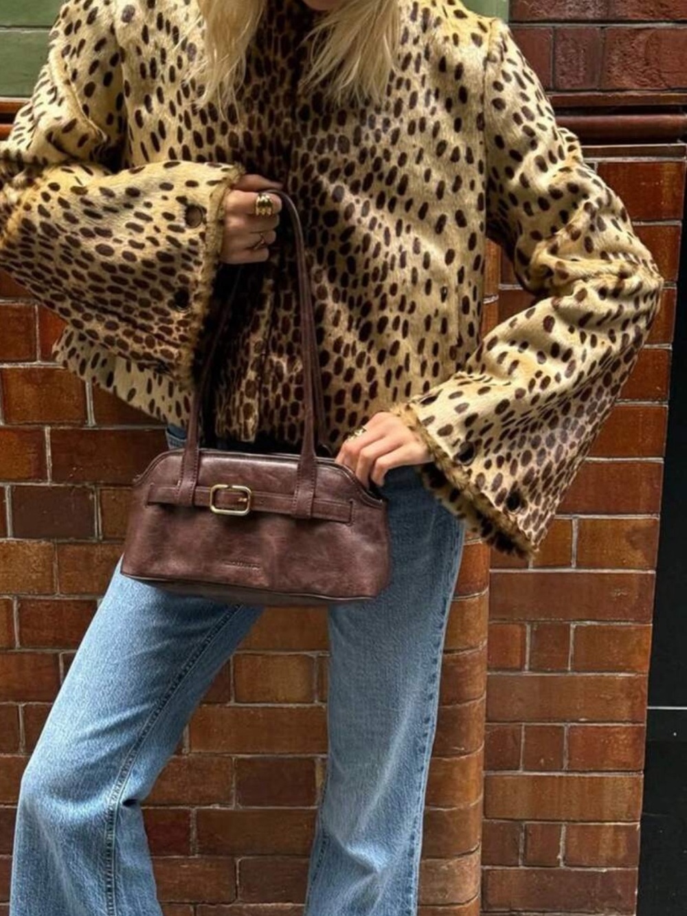 Women's Leopard Print Faux Fur Cropped Jacket, Round Neck Open Front Long Flare
